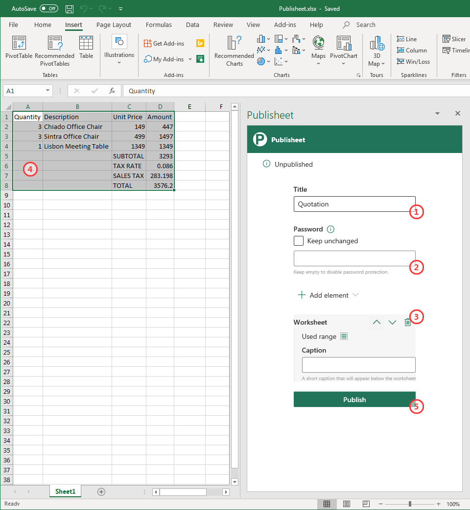 Pubilsheet Add-in Usage Instructions