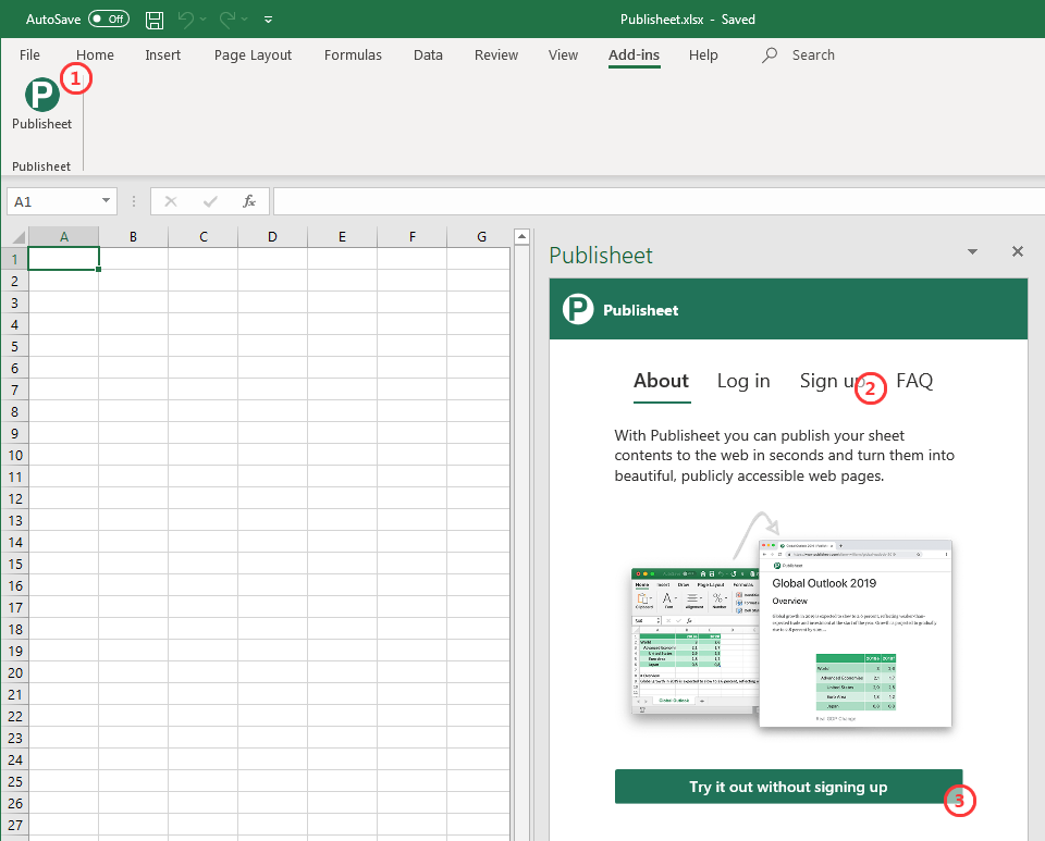 Open the Publisheet add-in instructions